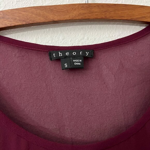 Theory Wine Burgundy Rinoda Chiffon Silk Ruffle 3/4 Sleeve Blouse Top Size Small - Picture 2 of 7